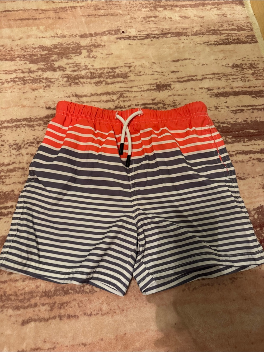 Boys' Orange and Navy Striped Swim Trunks with Drawstring